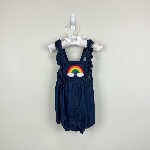Hanna Andersson Ruffle Rainbow Denim Shortall Romper 80 cm 18-24 Months - Picture 1 of 6